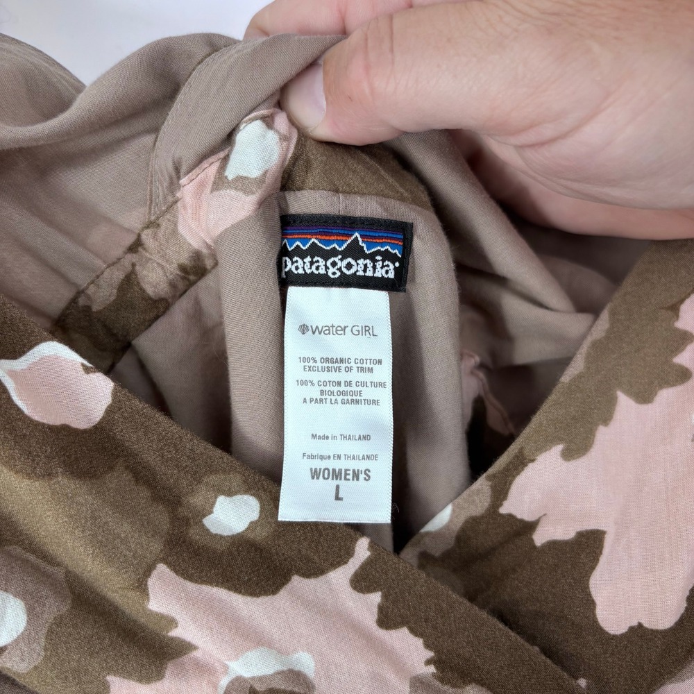 Patagonia Badoo Floral Camo Cotton Dress Women L Brown Pink Water Girl Travel - Picture 2 of 7